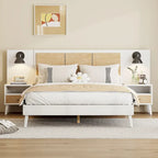 Letto matrimoniale in legno massello con 2 comodini, lampade integrate, design in rattan e legno, bianco