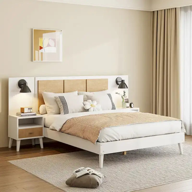 Letto matrimoniale in legno massello con 2 comodini, lampade integrate, design in rattan e legno, bianco