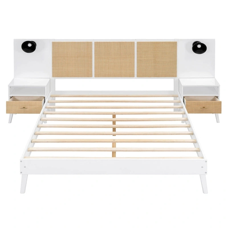 Letto matrimoniale in legno massello con 2 comodini, lampade integrate, design in rattan e legno, bianco