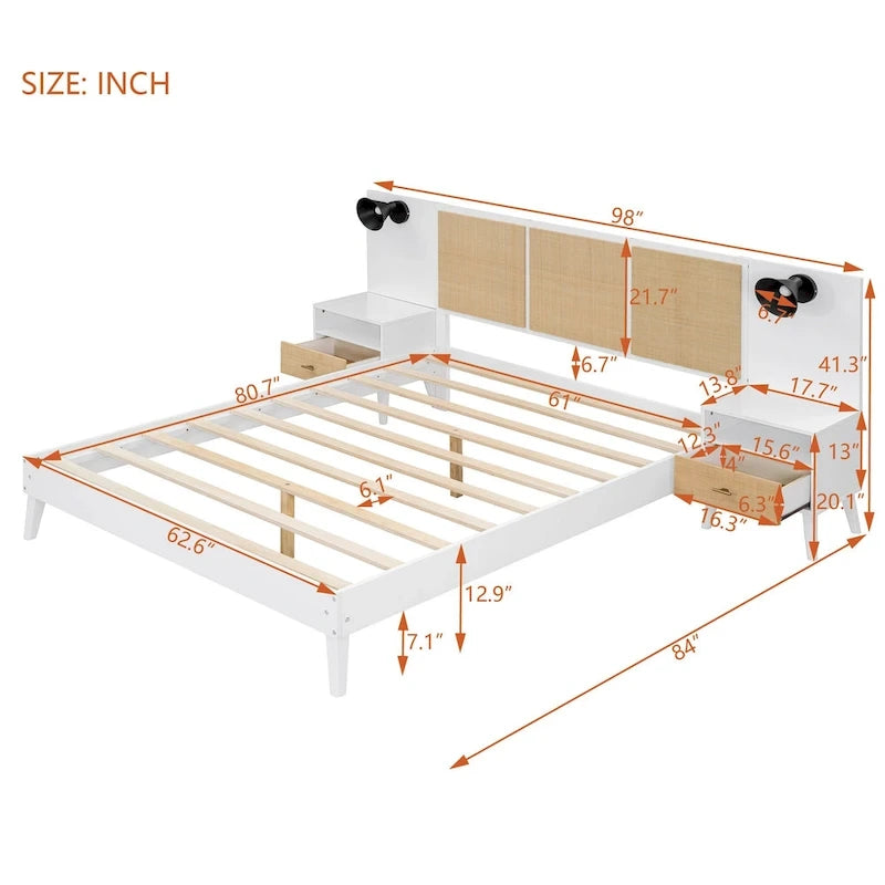 Letto matrimoniale in legno massello con 2 comodini, lampade integrate, design in rattan e legno, bianco