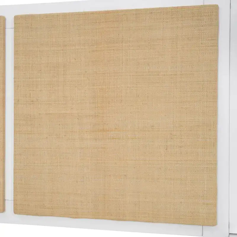 Letto matrimoniale in legno massello con 2 comodini, lampade integrate, design in rattan e legno, bianco