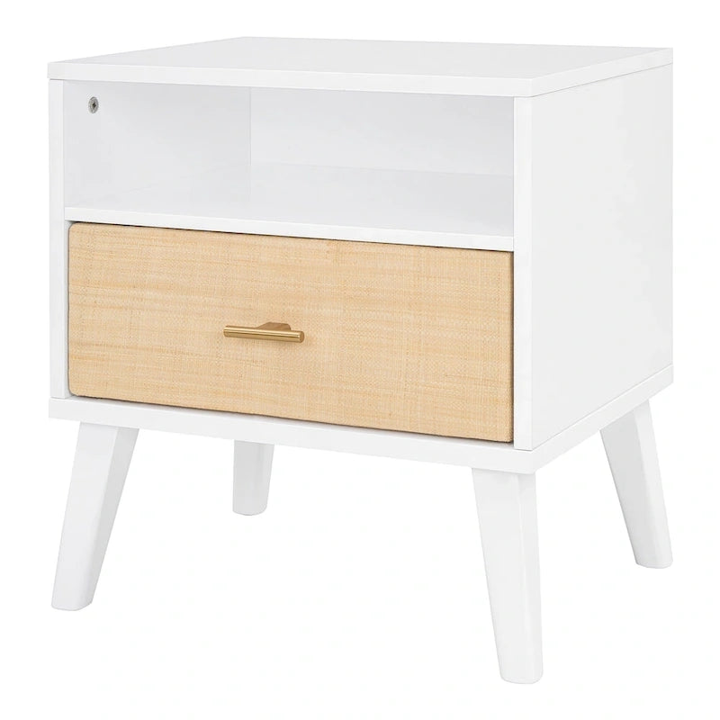 Letto matrimoniale in legno massello con 2 comodini, lampade integrate, design in rattan e legno, bianco
