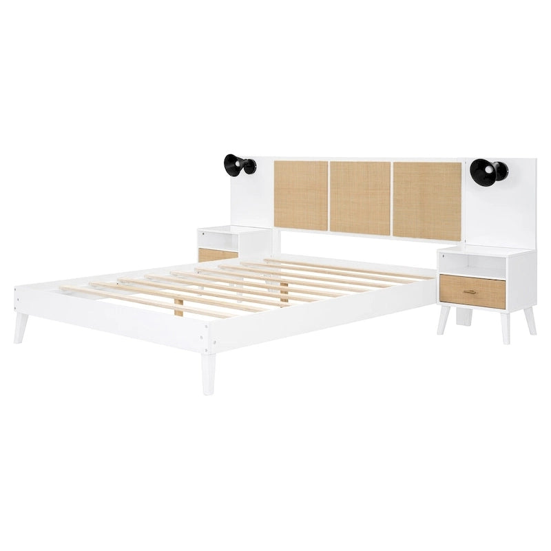 Letto matrimoniale in legno massello con 2 comodini, lampade integrate, design in rattan e legno, bianco