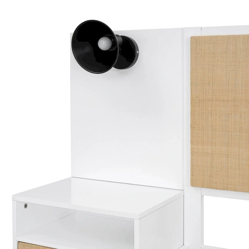 Letto matrimoniale in legno massello con 2 comodini, lampade integrate, design in rattan e legno, bianco