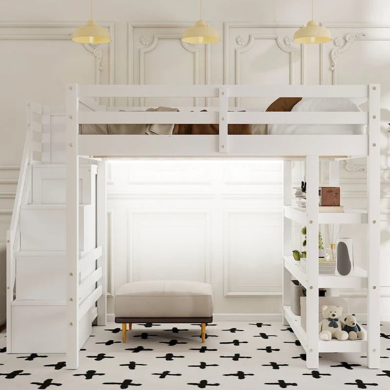 Letto a soppalco singolo/matrimoniale con scale contenitore - Mensole, armadio e luce a LED, design salvaspazio