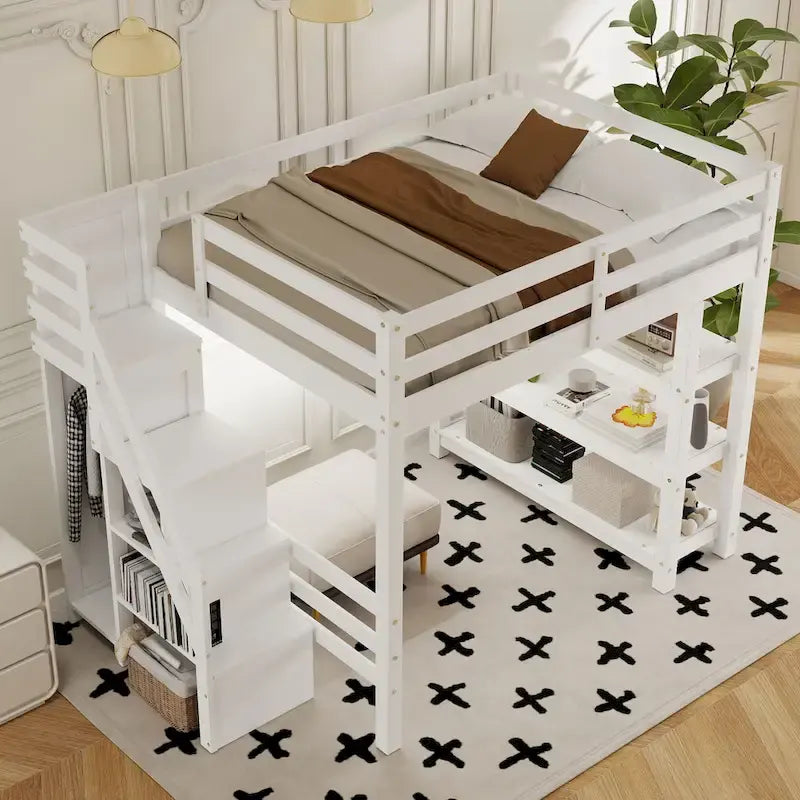 Letto a soppalco singolo/matrimoniale con scale contenitore - Mensole, armadio e luce a LED, design salvaspazio
