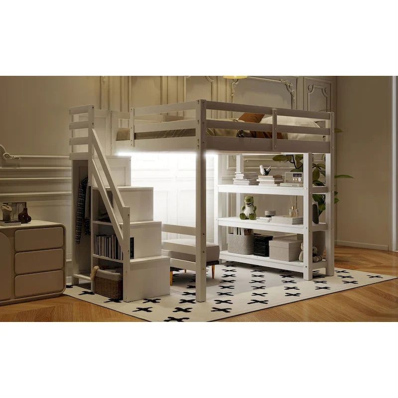 Letto a soppalco singolo/matrimoniale con scale contenitore - Mensole, armadio e luce a LED, design salvaspazio