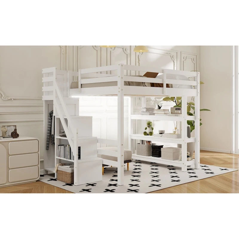 Letto a soppalco singolo/matrimoniale con scale contenitore - Mensole, armadio e luce a LED, design salvaspazio