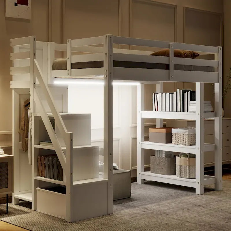 Letto a soppalco singolo/matrimoniale con scale contenitore - Mensole, armadio e luce a LED, design salvaspazio