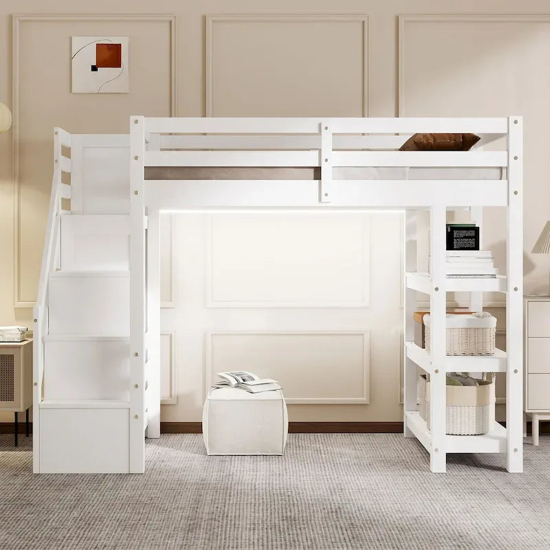 Letto a soppalco singolo/matrimoniale con scale contenitore - Mensole, armadio e luce a LED, design salvaspazio