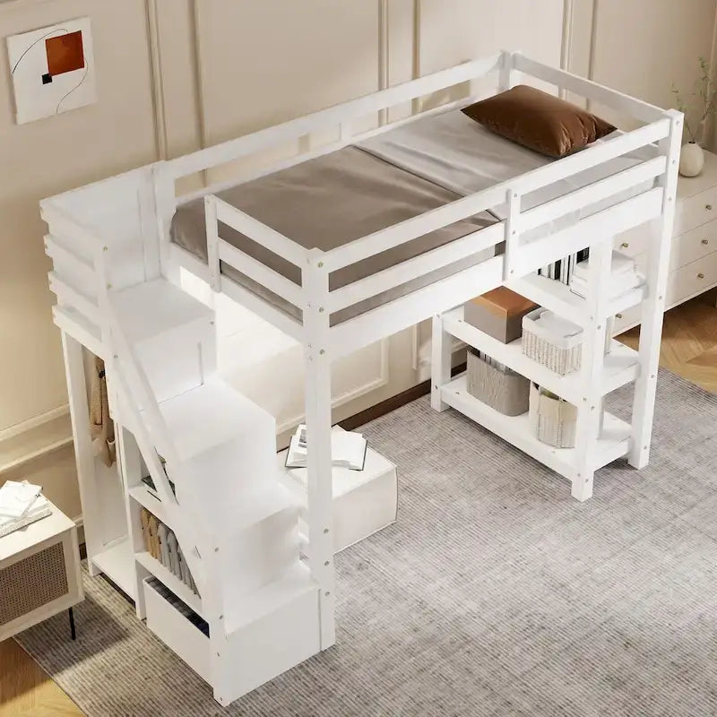 Letto a soppalco singolo/matrimoniale con scale contenitore - Mensole, armadio e luce a LED, design salvaspazio