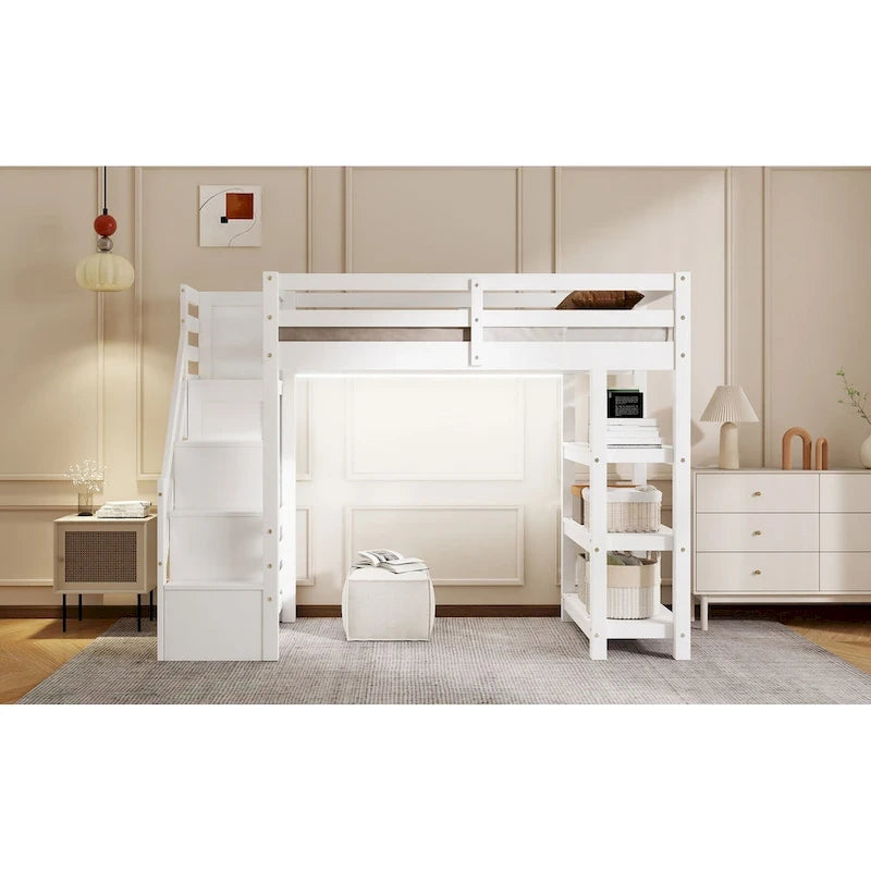 Letto a soppalco singolo/matrimoniale con scale contenitore - Mensole, armadio e luce a LED, design salvaspazio