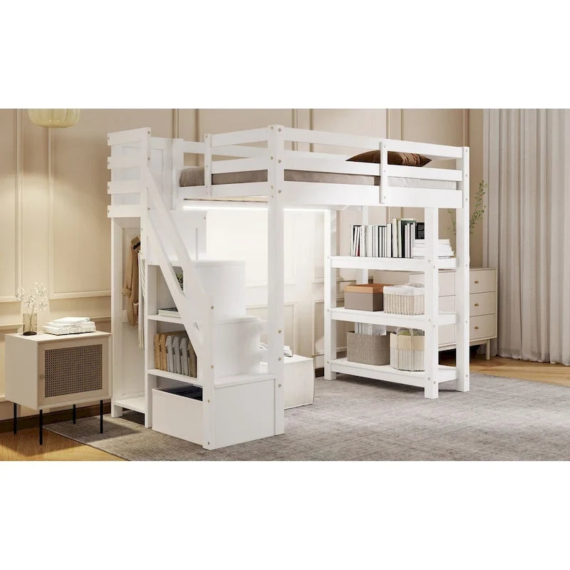 Letto a soppalco singolo/matrimoniale con scale contenitore - Mensole, armadio e luce a LED, design salvaspazio