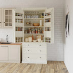 Dispensa da Cucina con 8 Ante e Ripiani, Mobile Contenitore in Legno con 3 Cassetti, Armadio con Ripiani Regolabili