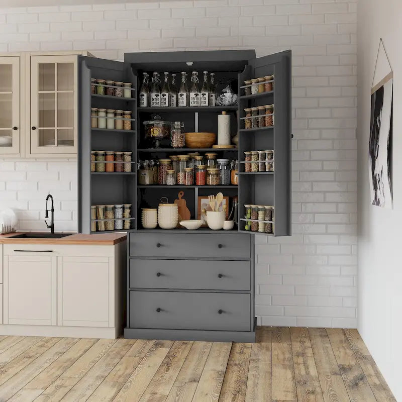 Dispensa da Cucina con 8 Ante e Ripiani, Mobile Contenitore in Legno con 3 Cassetti, Armadio con Ripiani Regolabili