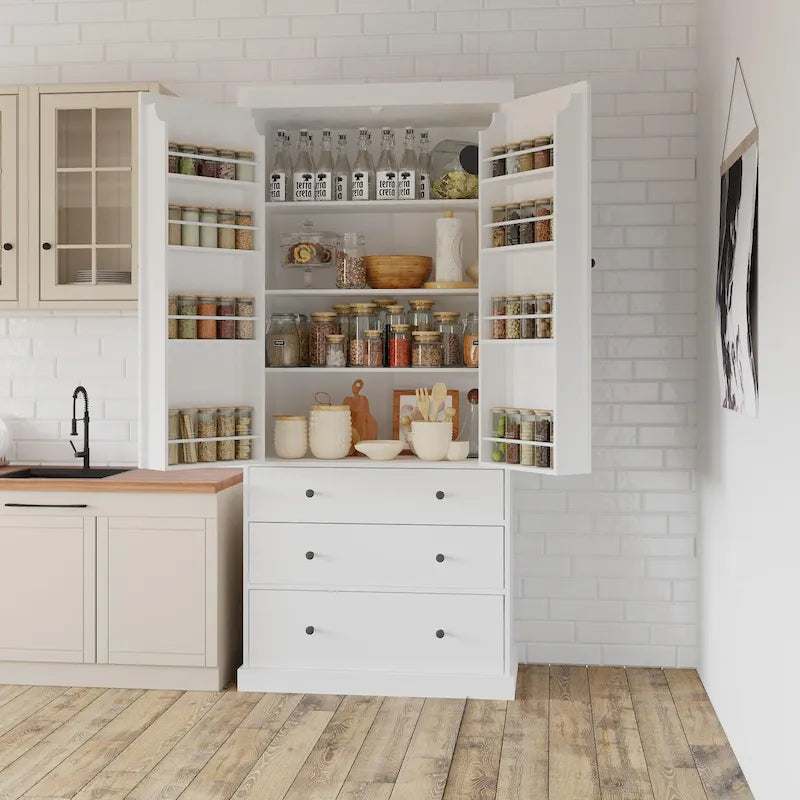Dispensa da Cucina con 8 Ante e Ripiani, Mobile Contenitore in Legno con 3 Cassetti, Armadio con Ripiani Regolabili