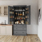 Kitchen Pantry Cabinet with 8 Doors Shelves, Wood Storage Cabinet with 3 Storage Drawers, Cupboard with Adjustable Shelves