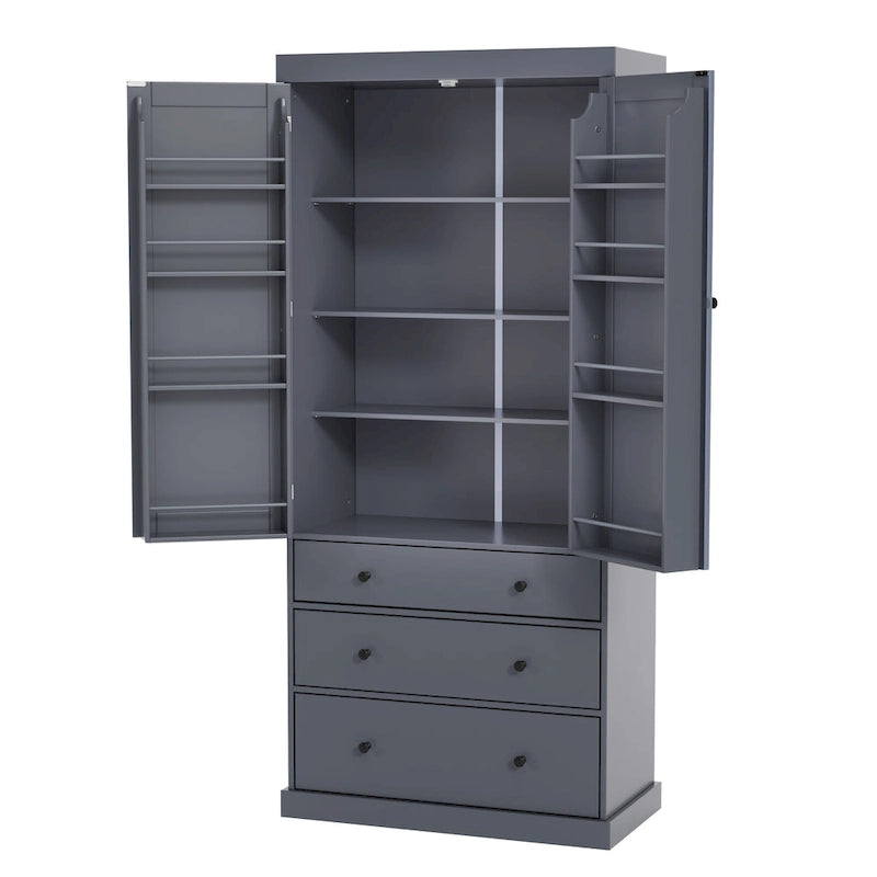 Dispensa da Cucina con 8 Ante e Ripiani, Mobile Contenitore in Legno con 3 Cassetti, Armadio con Ripiani Regolabili