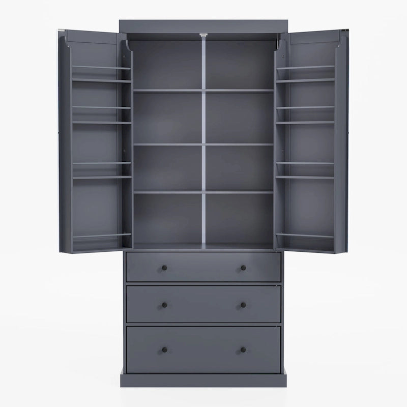 Dispensa da Cucina con 8 Ante e Ripiani, Mobile Contenitore in Legno con 3 Cassetti, Armadio con Ripiani Regolabili