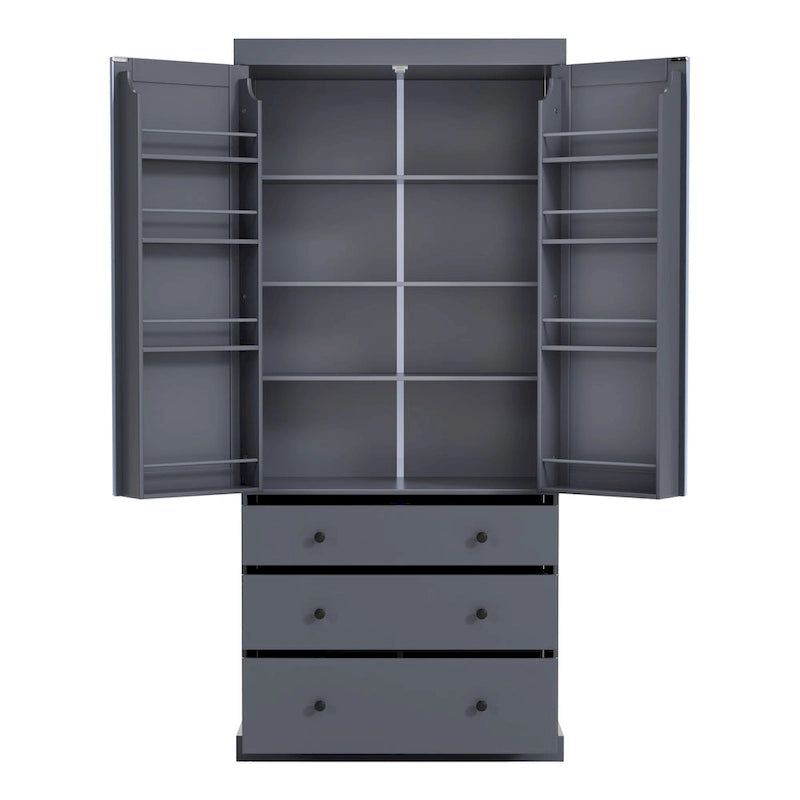 Dispensa da Cucina con 8 Ante e Ripiani, Mobile Contenitore in Legno con 3 Cassetti, Armadio con Ripiani Regolabili