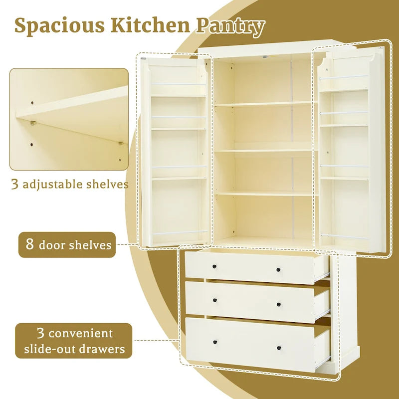 Dispensa da Cucina con 8 Ante e Ripiani, Mobile Contenitore in Legno con 3 Cassetti, Armadio con Ripiani Regolabili