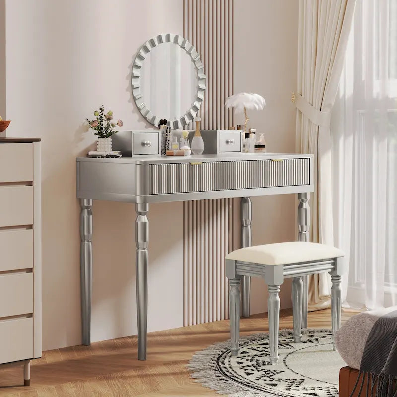 Scrivania da trucco di lusso con specchio rotondo, altezza regolabile, set da toeletta elegante, 4 cassetti e sgabello