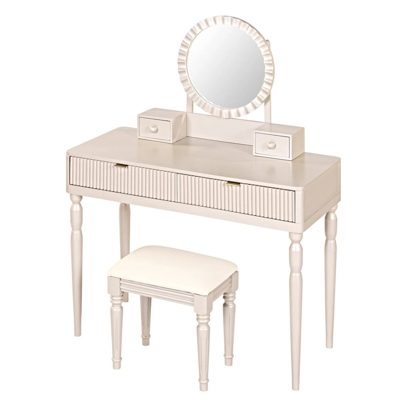 Scrivania da trucco di lusso con specchio rotondo, altezza regolabile, set da toeletta elegante, 4 cassetti e sgabello
