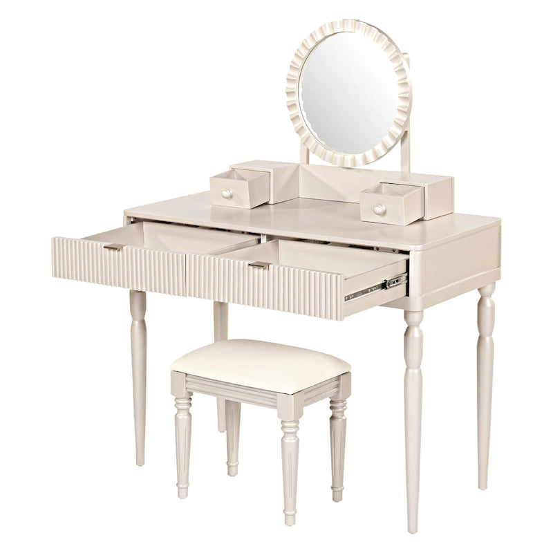 Scrivania da trucco di lusso con specchio rotondo, altezza regolabile, set da toeletta elegante, 4 cassetti e sgabello