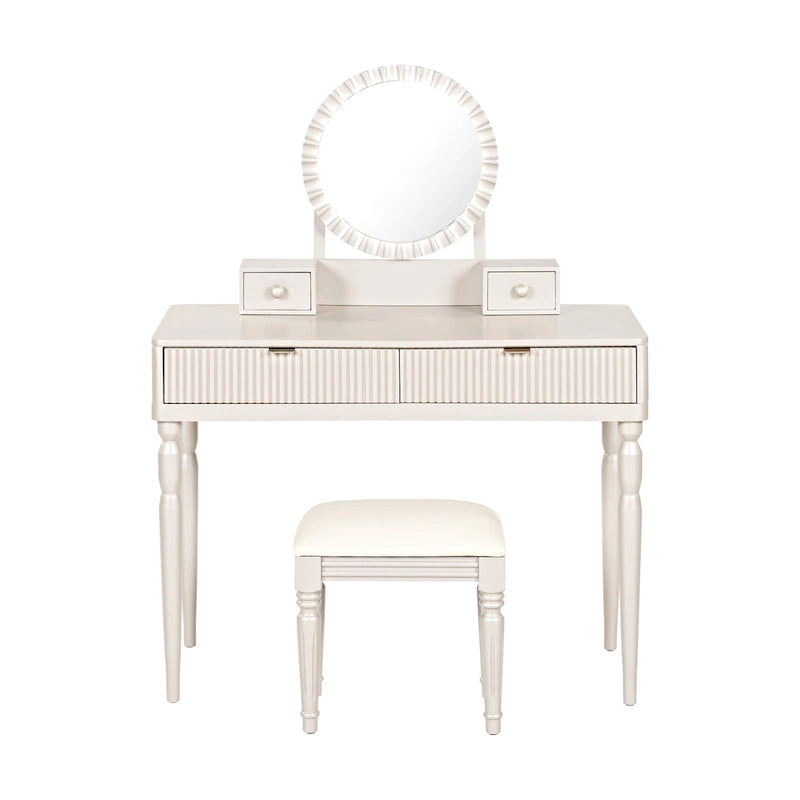 Scrivania da trucco di lusso con specchio rotondo, altezza regolabile, set da toeletta elegante, 4 cassetti e sgabello