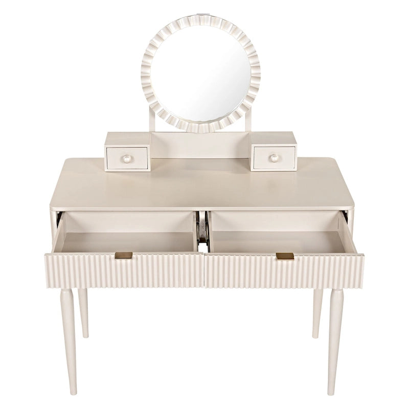 Scrivania da trucco di lusso con specchio rotondo, altezza regolabile, set da toeletta elegante, 4 cassetti e sgabello