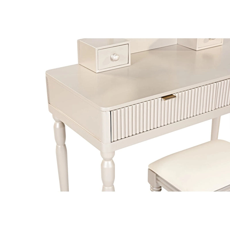 Scrivania da trucco di lusso con specchio rotondo, altezza regolabile, set da toeletta elegante, 4 cassetti e sgabello