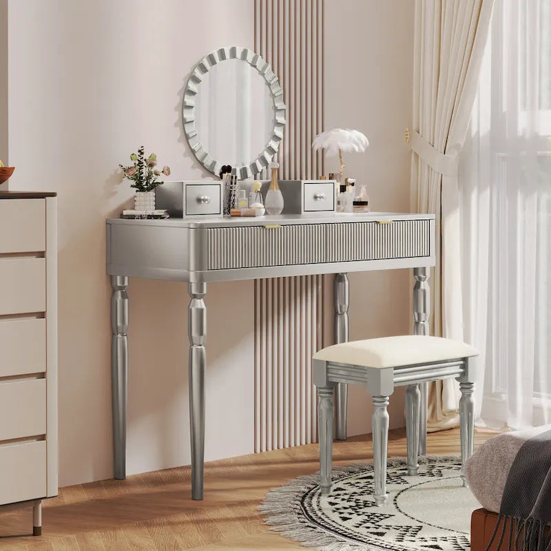 Scrivania da trucco di lusso con specchio rotondo, altezza regolabile, set da toeletta elegante, 4 cassetti e sgabello
