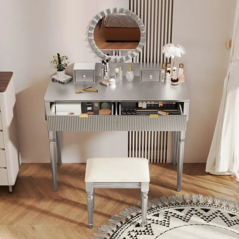 Scrivania da trucco di lusso con specchio rotondo, altezza regolabile, set da toeletta elegante, 4 cassetti e sgabello