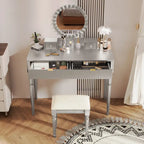 Scrivania da trucco di lusso con specchio rotondo, altezza regolabile, set da toeletta elegante, 4 cassetti e sgabello