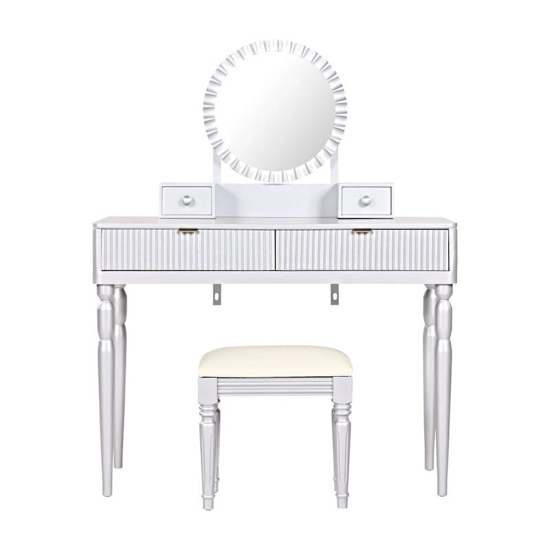 Scrivania da trucco di lusso con specchio rotondo, altezza regolabile, set da toeletta elegante, 4 cassetti e sgabello