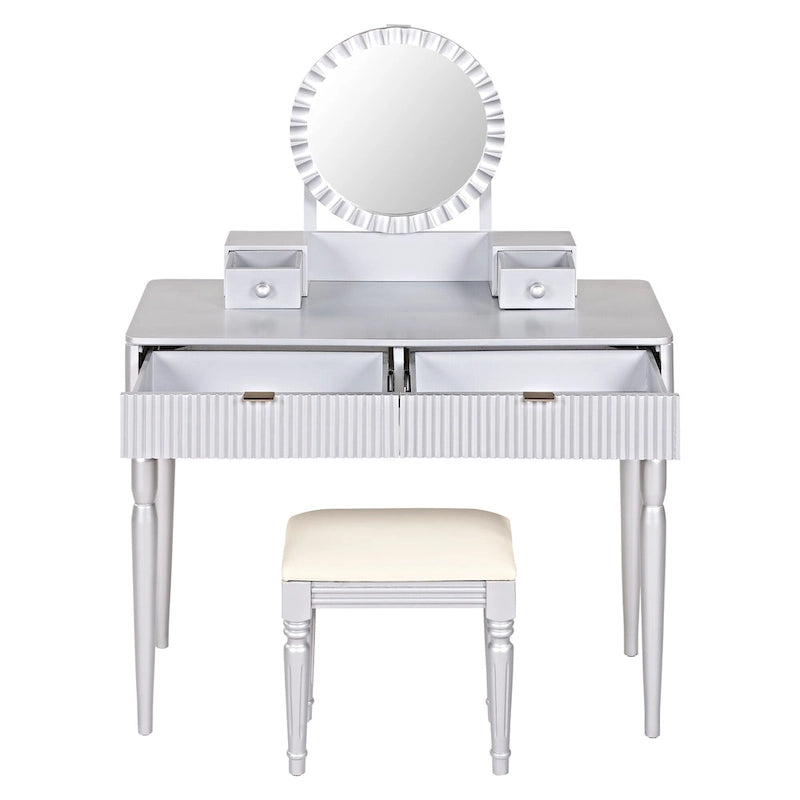 Scrivania da trucco di lusso con specchio rotondo, altezza regolabile, set da toeletta elegante, 4 cassetti e sgabello