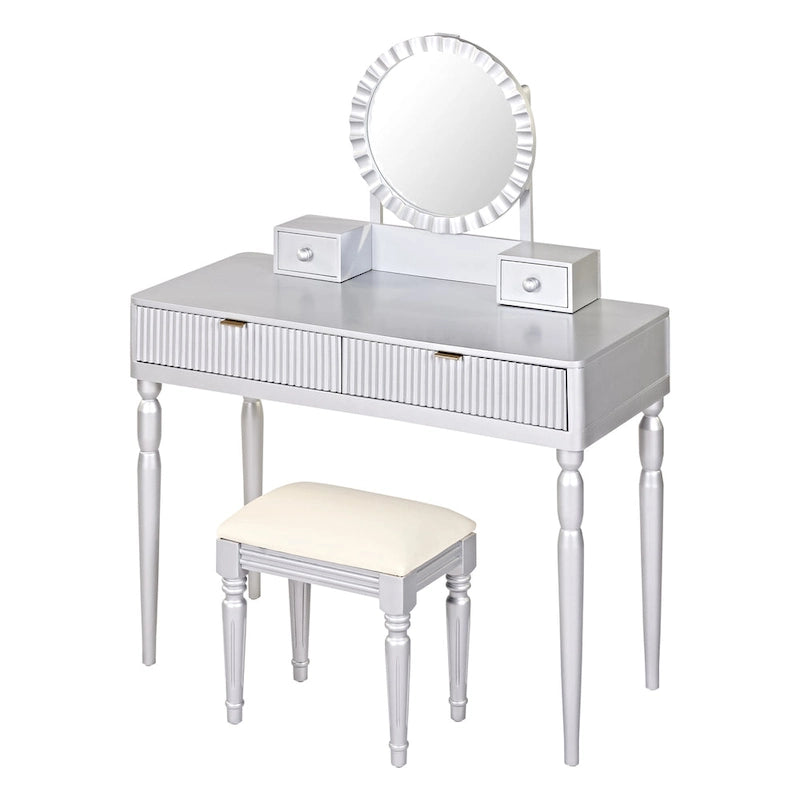 Scrivania da trucco di lusso con specchio rotondo, altezza regolabile, set da toeletta elegante, 4 cassetti e sgabello