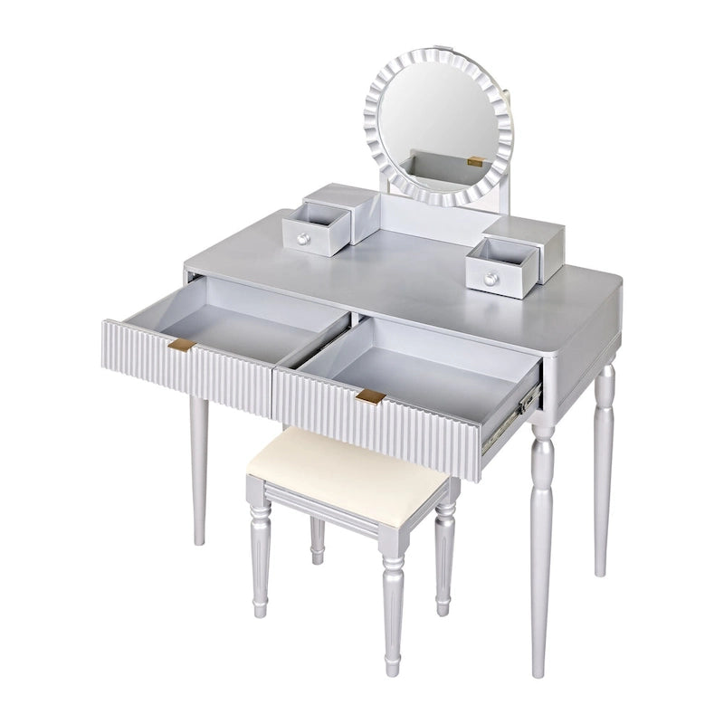 Scrivania da trucco di lusso con specchio rotondo, altezza regolabile, set da toeletta elegante, 4 cassetti e sgabello
