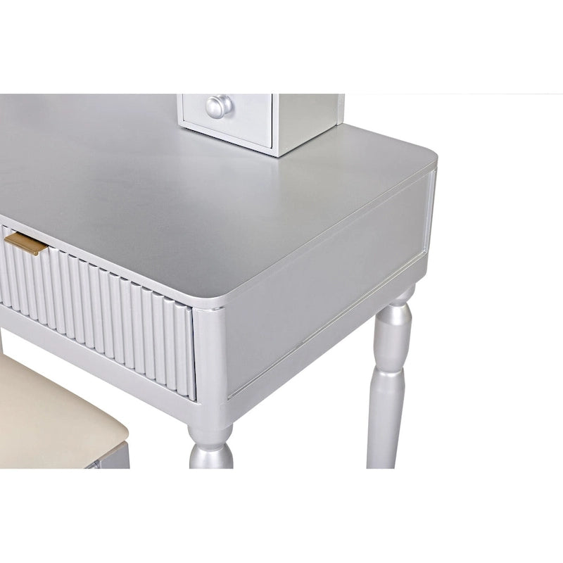 Scrivania da trucco di lusso con specchio rotondo, altezza regolabile, set da toeletta elegante, 4 cassetti e sgabello