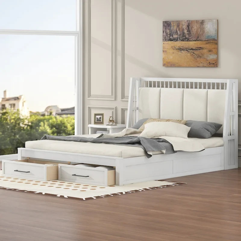 Letto a piattaforma matrimoniale queen size in legno bianco con testiera imbottita e 2 cassetti