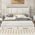Letto a piattaforma matrimoniale queen size in legno bianco con testiera imbottita e 2 cassetti