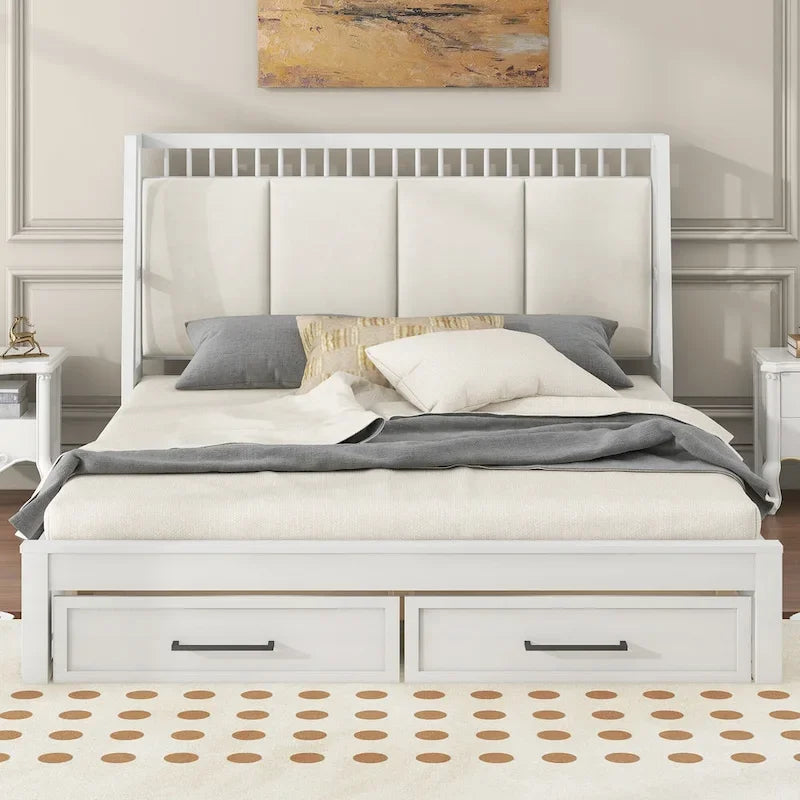 Letto a piattaforma matrimoniale queen size in legno bianco con testiera imbottita e 2 cassetti
