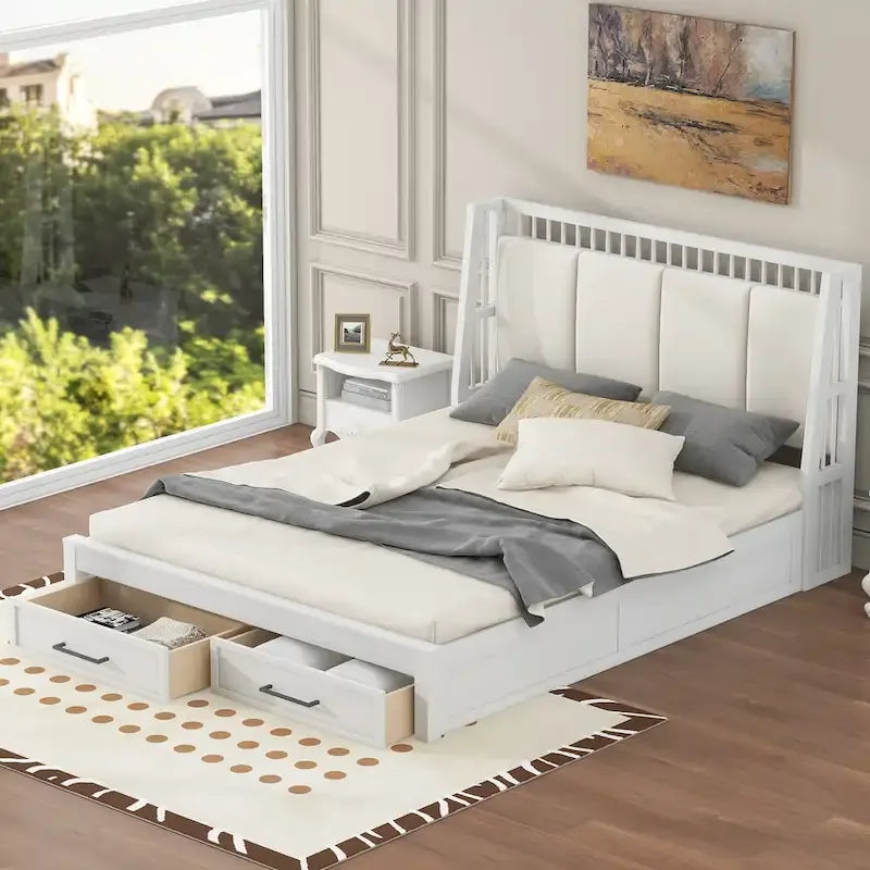 Letto a piattaforma matrimoniale queen size in legno bianco con testiera imbottita e 2 cassetti