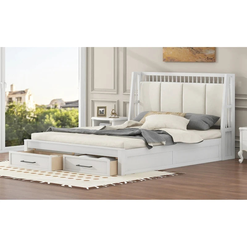 Letto a piattaforma matrimoniale queen size in legno bianco con testiera imbottita e 2 cassetti