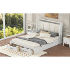 Letto a piattaforma matrimoniale queen size in legno bianco con testiera imbottita e 2 cassetti