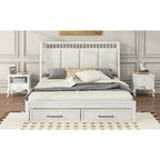 Letto a piattaforma matrimoniale queen size in legno bianco con testiera imbottita e 2 cassetti