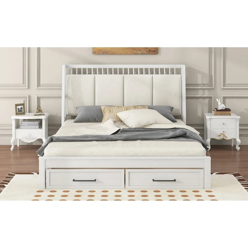 Letto a piattaforma matrimoniale queen size in legno bianco con testiera imbottita e 2 cassetti
