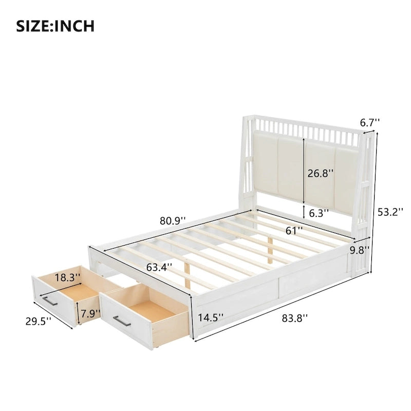 Letto a piattaforma matrimoniale queen size in legno bianco con testiera imbottita e 2 cassetti