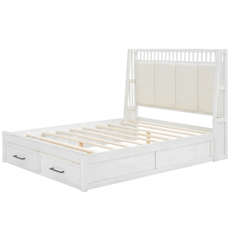 Letto a piattaforma matrimoniale queen size in legno bianco con testiera imbottita e 2 cassetti