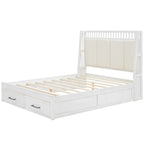 Letto a piattaforma matrimoniale queen size in legno bianco con testiera imbottita e 2 cassetti